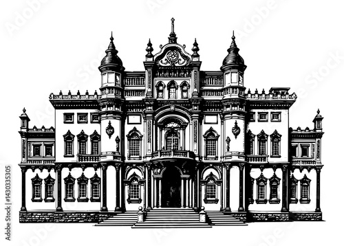 Grand Manor House Architectural Engraving Vintage Black and White Historical Illustration