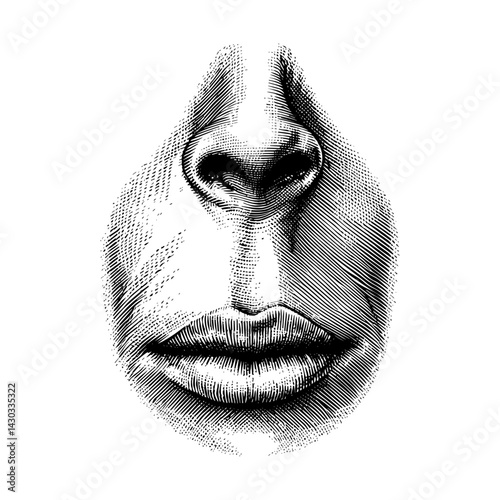 Nose Mouth Illustration Human Features in Vintage Etching Style Black and White Depiction for Anatomy