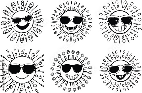 Hand drawn doodle cartoon sun faces wearing sunglasses vector illustration