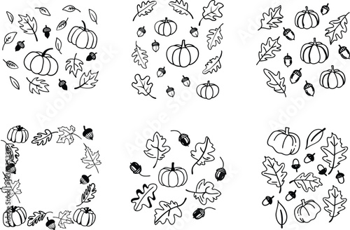 Hand drawn autumnal motifs pumpkin acorn and oak leaf vector pack