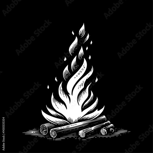 Campfire Woodblock Print Bold Black and White Graphic Illustration