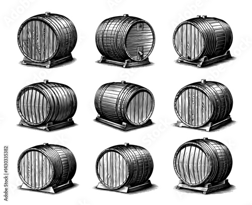 Wooden Barrels Collection Vintage Engraving Black and White Storage Illustration