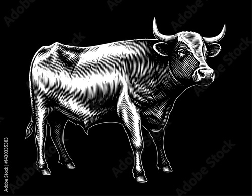 Bull Woodcut Side Profile Vintage Black and White Illustration with Dark Background