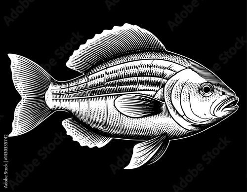 Detailed Fish Illustration in Black and White against a Dark Background