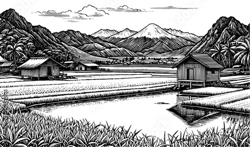 Tropical Village with Houses on Stilts in Rice Paddies against a Mountainous Backdrop in Black and White