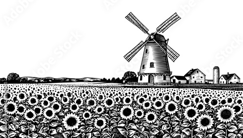 Windmill with Sunflower Field and Farmhouse in Black and White