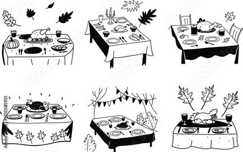 Festive thanksgiving dinner table setups in hand drawn doodle style