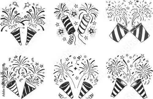 Celebration seamless pattern with party poppers confetti and fireworks black and white doodle style