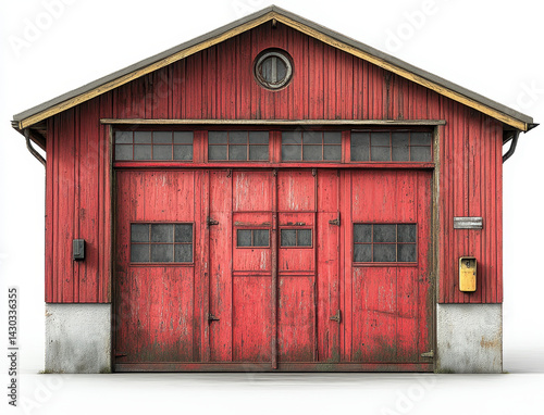 Red Wooden Garage Door on White Background Showcasing Rustic Architectural Details
