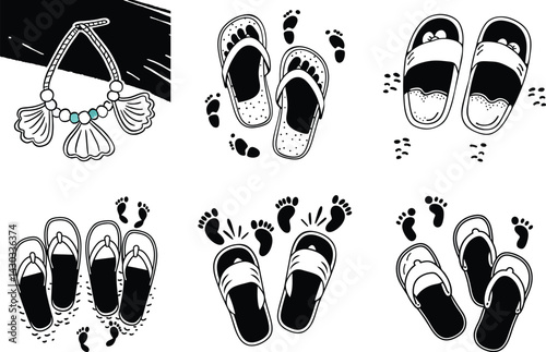 Summer holiday beach elements with sandals and footprints in black and white