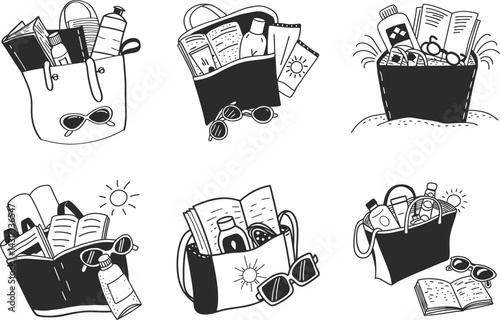 Hand drawn beach bags and accessories vector illustration for summer vacation