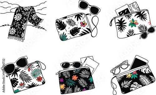 Summer essentials doodle seamless pattern with beach bag,sunglasses,and towel