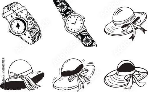 Hand drawn fashion accessories featuring stylish watches and elegant hats illustration