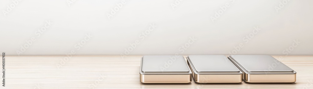 Peak Energy Solutions with Advanced Battery Storage Technology, Three sleek, reflective boxes placed on a light wooden surface against a neutral background.