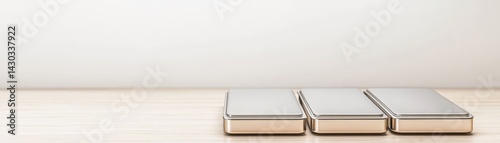 Peak Energy Solutions with Advanced Battery Storage Technology, Three sleek, reflective boxes placed on a light wooden surface against a neutral background.