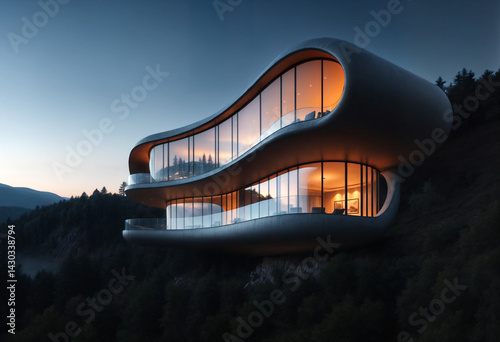An ultra-modern, cantilevered house clings to a forested mountain slope, glowing softly as twilight descends, with sweeping curves and floor-to-ceiling glass
