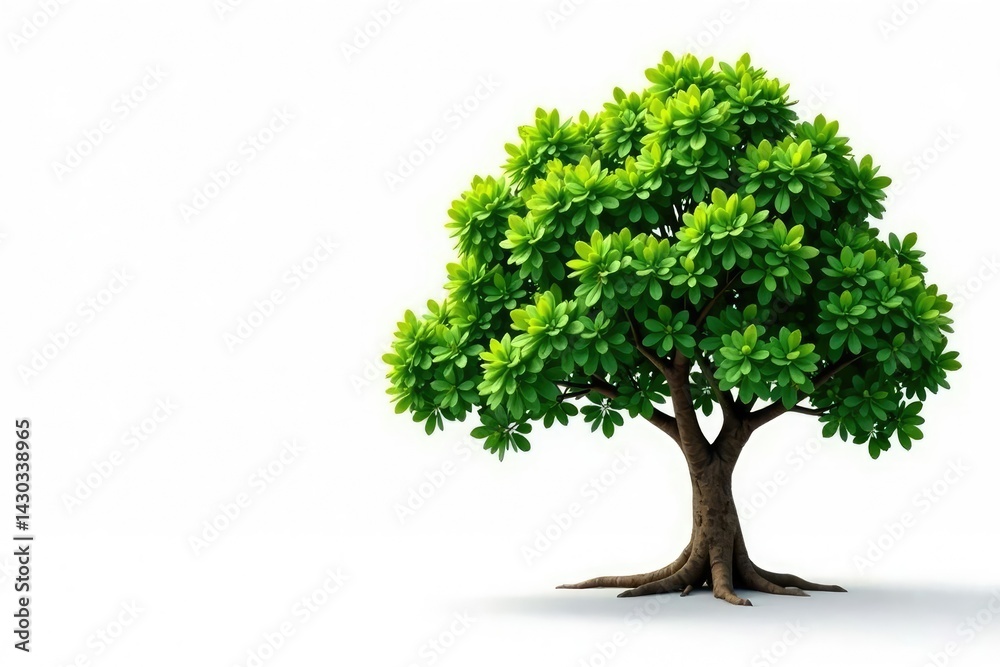 Obraz premium Single tree with lush green foliage on white background, trunk, roots, nature