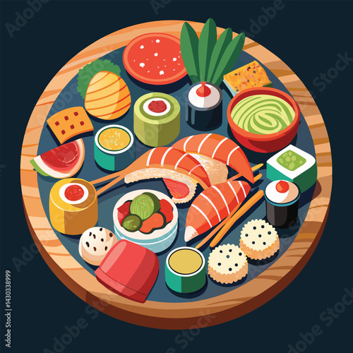 A tray of food that has different types of sushi on it