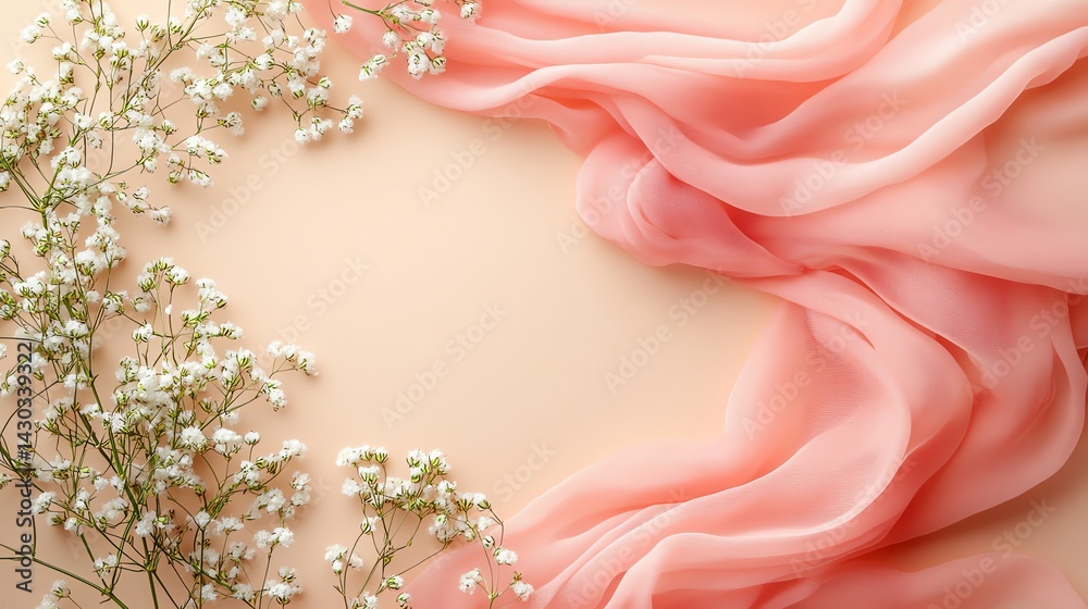 Fototapeta premium Peach Fabric and White Flowers Background