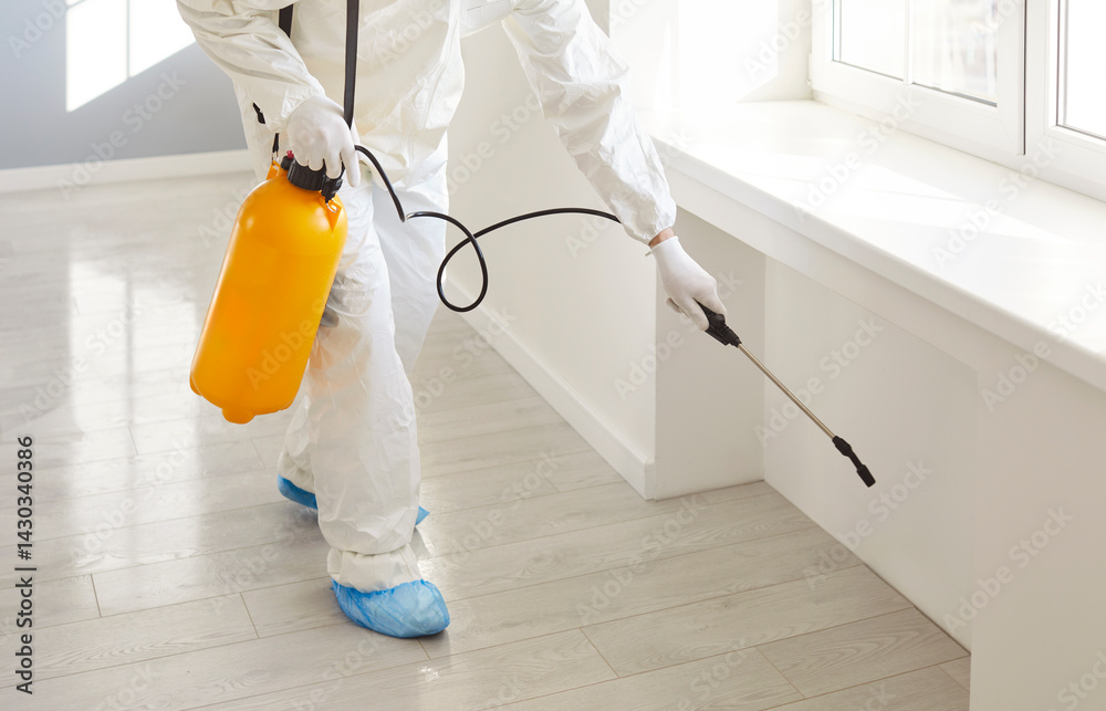 Exterminator clean service, worker in protective white coverall holding pump sprayer chemicals, professional pest disinfection, control for cockroaches, annoying dangerous infestations, vermin, insect