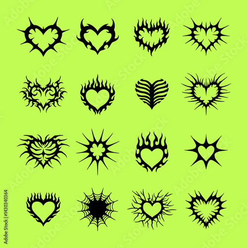 Neotribal y2k aesthetic tattoo in halftone dotted texture. Succubus womb art, cyber sigilism style hand drawn ornaments. Vector illustration of emo gothic tribal tattoo designs.