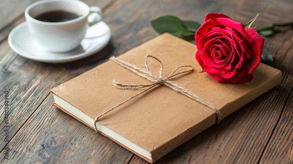 Fototapeta premium Romantic Setup Tan Book With Red Rose and Coffee on Rustic Wooden Table
