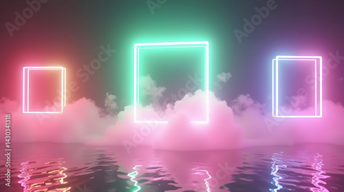 Colorful glowing squares emerge from vibrant mist over a tranquil water surface.