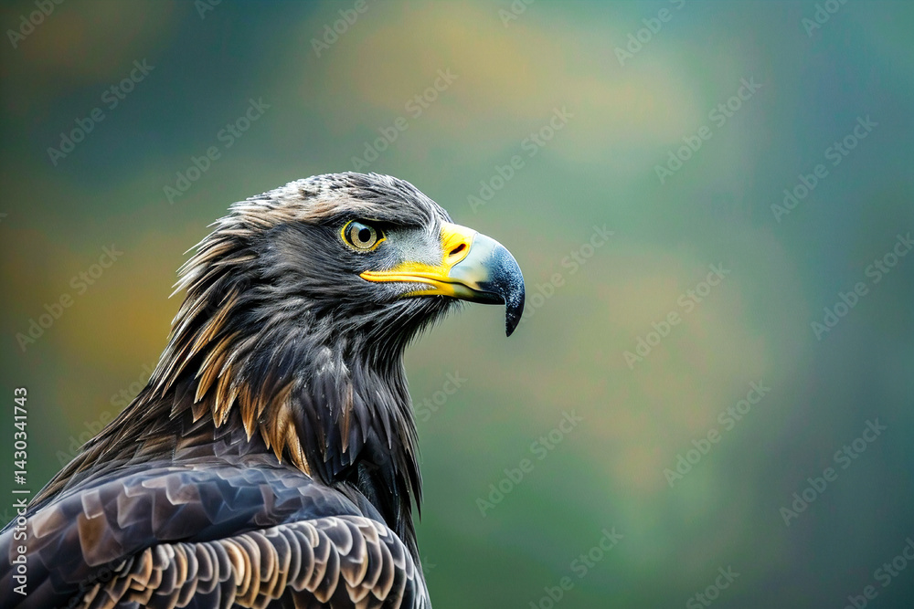 Obraz premium A focused bald eagle with piercing yellow eyes, displaying a powerful presence and sharp beak.