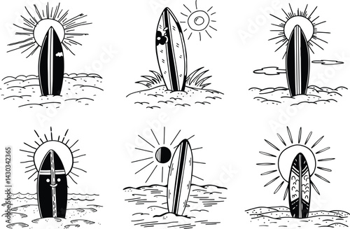 Hand drawn surfboard vector illustration set with sun and beach scenery