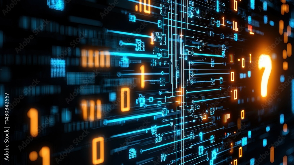 Obraz premium Abstract digital background featuring glowing binary code and circuit patterns.