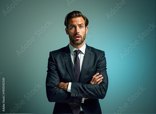 A man with tan skin and straight hair, wearing a business suit, expressing confusion, standing in front of a gradient background with soft lighting, realistic studio photo.