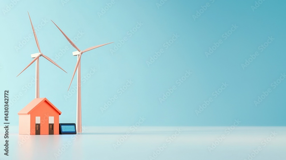Peak Energy Solutions with Advanced Battery Storage Technology, Miniature house with wind turbines against a blue backdrop, symbolizing renewable energy.