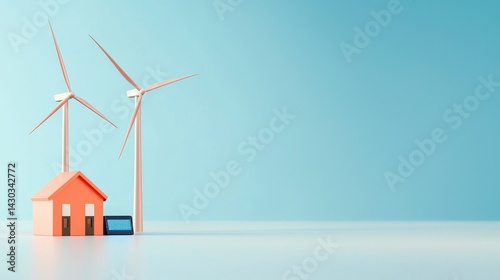 Obraz na płótnie Peak Energy Solutions with Advanced Battery Storage Technology, Miniature house with wind turbines against a blue backdrop, symbolizing renewable energy. w salonie