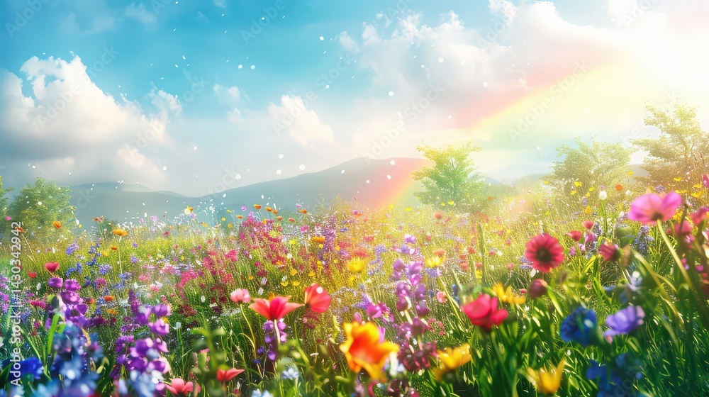 Obraz premium A vibrant meadow filled with colorful flowers under a bright sky with a faint rainbow arc present