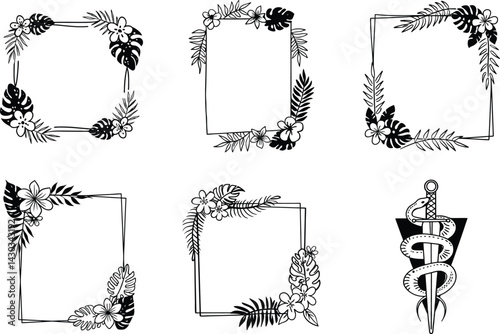 Tropical frames and decorative elements with exotic flowers and snake wrapped around sword