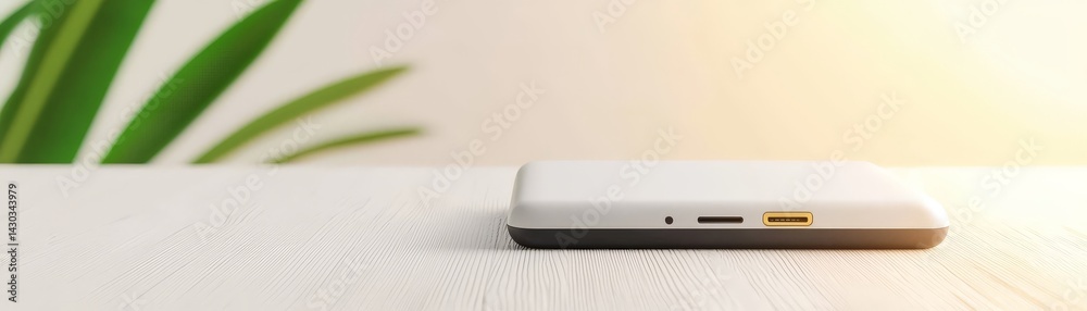 Peak Energy Solutions with Advanced Battery Storage Technology, A sleek white device rests on a textured surface with green leaves in the background.