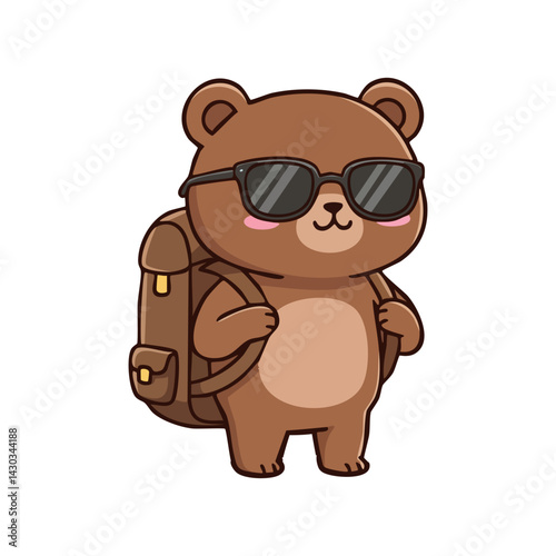 Cute icon character brown bear wearing sunglasses and a backpack.