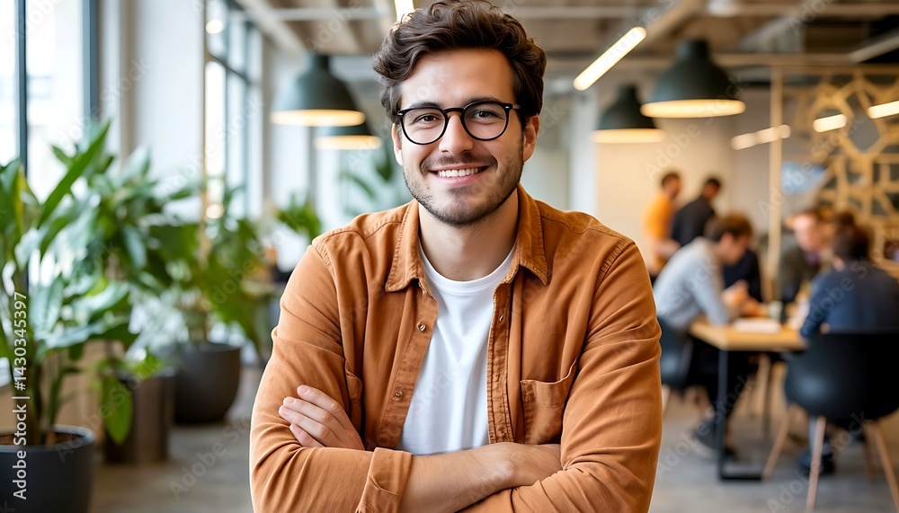 Fototapeta premium A professional man smiling confidently in a modern office setting