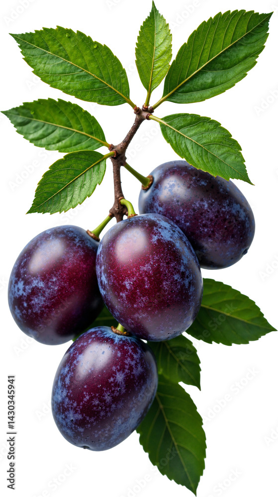 Cluster of Ripe Purple Plums Isolated on Transparent Background for Food Marketing and Design Projects