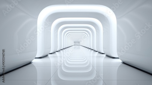 Futuristic white hallway with geometric arches and reflections. modern architecture interior space