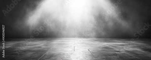 A large empty room with a white wall and a black floor. The room is lit by a spotlight, creating a dramatic effect