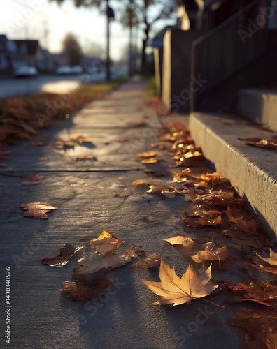 Autumn Leaves Scattered on a Sidewalk in Warm Sunlight