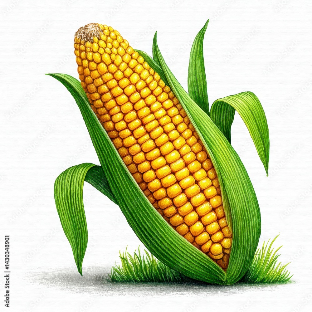 Obraz premium Detailed Illustration of Ripe Yellow Corn on Grass