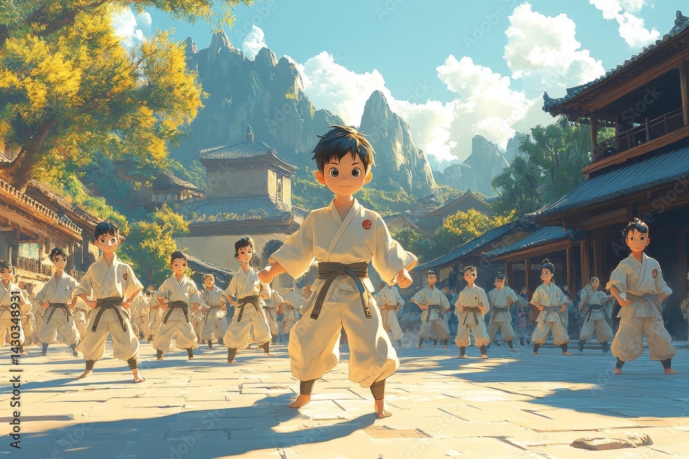 Obraz premium Karate kids training, temple courtyard, mountains