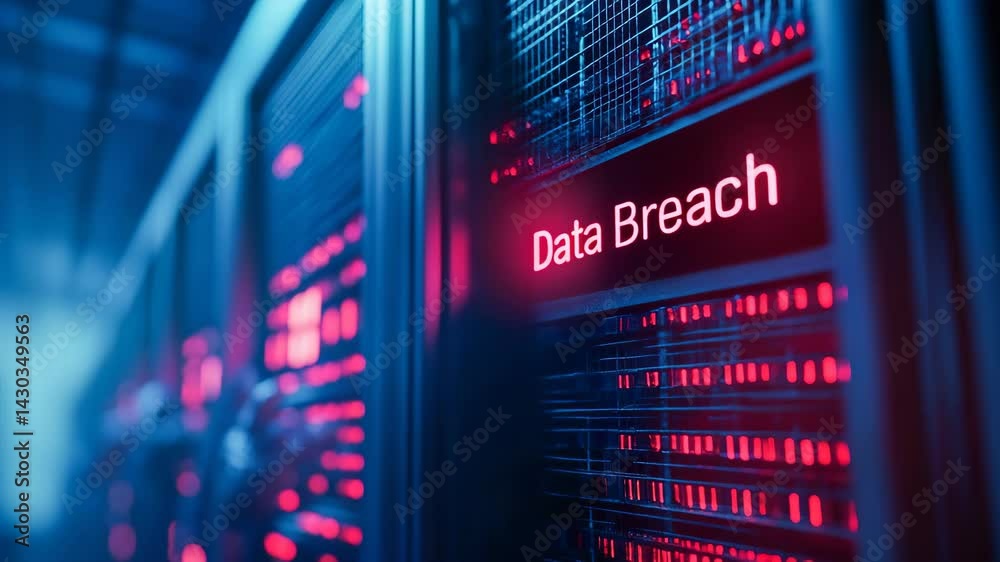 Cybersecurity Data Breach Warning Server Room Alert, flickering data servers technology company storage