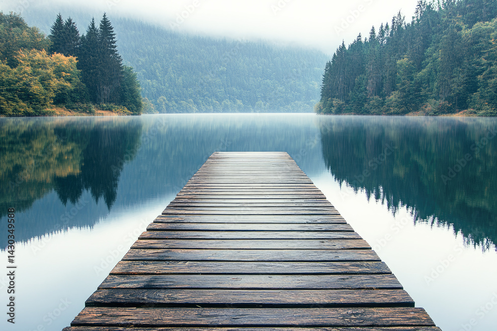 Obraz premium Wooden dock leading into a calm lake surrounded by forest, symbolizing peace, solitude, and connection with nature. 