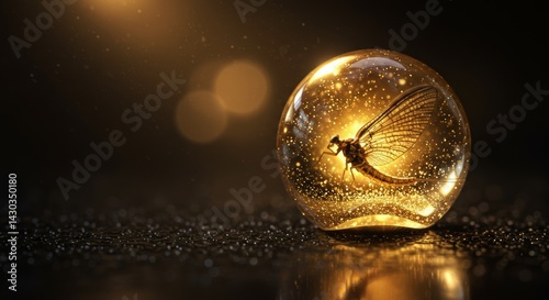 A Mayfly's Dream: Golden Amber Sphere with Glittering Dust on Dark Surface