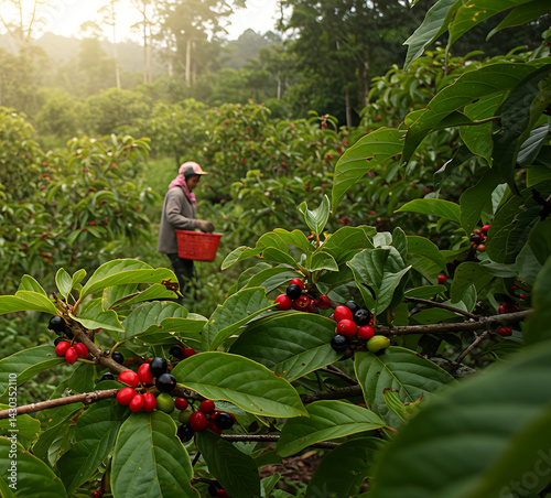 harvesting guarana berries in a tropical forest, red and black berries among green leaves