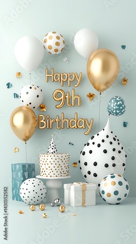 Festive birthday scene with balloons, cake, gift, and decor for a 9th celebration