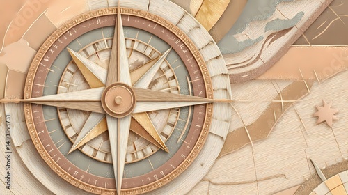 Wallpaper Mural Textured Compass Rose Illustration, Navigation Symbol. Beige, Brown, and Gray Tones. Perfect for travel, adventure, and exploration themes. in flat design style Torontodigital.ca